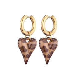 New Fashion Acrylic Resin Leopard Heart Pendant Hoop Earrings Woman Gold Color Thick Stainless Steel Ear Buckle Female Jewelry