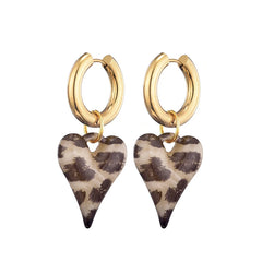 New Fashion Acrylic Resin Leopard Heart Pendant Hoop Earrings Woman Gold Color Thick Stainless Steel Ear Buckle Female Jewelry