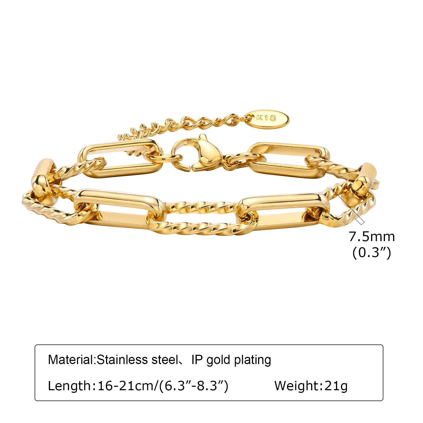 Women Stainless Steel Chain Bracelet,18K Gold Plated Twist Paperclip Adjustable Link Bracelet,Chunky Stackable Layered Jewelry