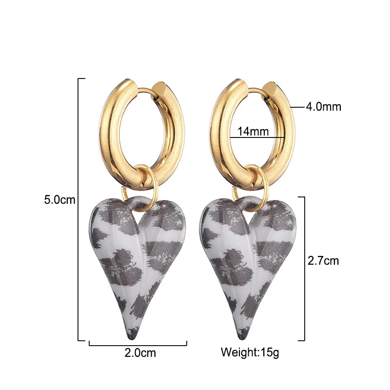 New Fashion Acrylic Resin Leopard Heart Pendant Hoop Earrings Woman Gold Color Thick Stainless Steel Ear Buckle Female Jewelry