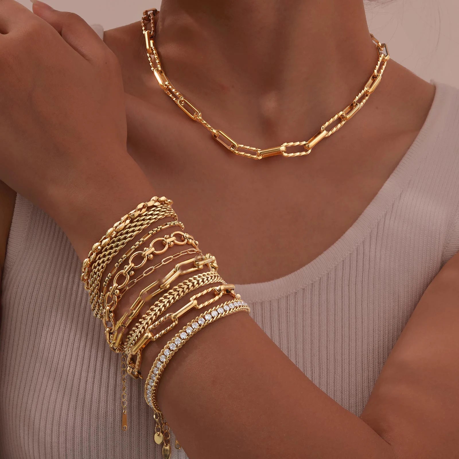 Women Stainless Steel Chain Bracelet,18K Gold Plated Twist Paperclip Adjustable Link Bracelet,Chunky Stackable Layered Jewelry