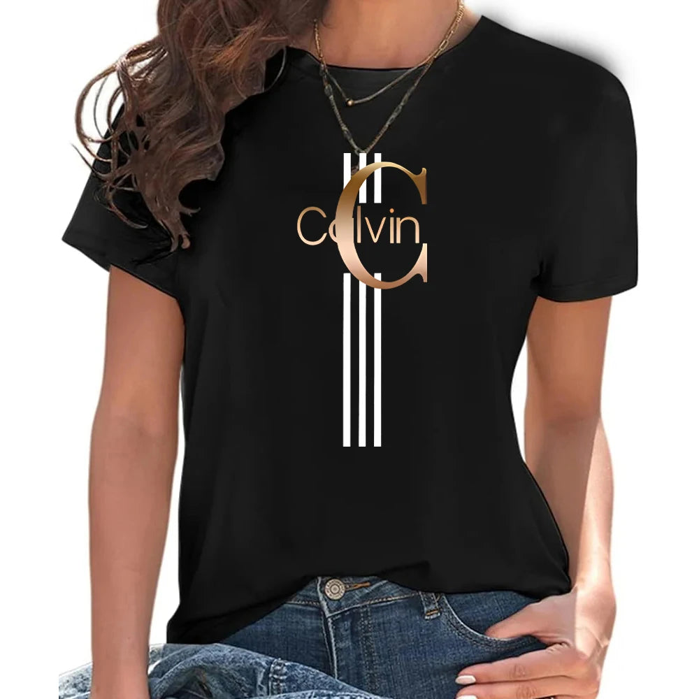 Luxury Brand Fashion Printed Crew Neck Clothing Short Sleeve Summer Women's Trend Y2K Tops
