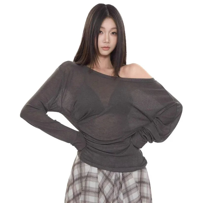 French Style T-Shirts for Women Off Shoulder Chic Casual Top Spring Summer 2025 New Fashion Female Long Sleeve T-Shirts