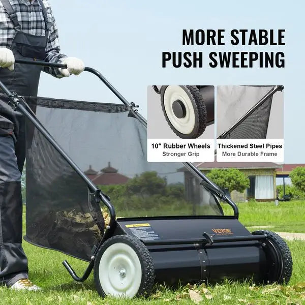 VEVOR Push Lawn Sweeper, 26 Inch Leaf & Grass Collector, Strong Rubber Wheels & Heavy Duty Thickened Steel Durable to Us