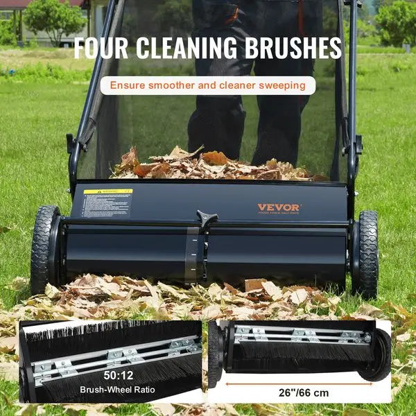 VEVOR Push Lawn Sweeper, 26 Inch Leaf & Grass Collector, Strong Rubber Wheels & Heavy Duty Thickened Steel Durable to Us