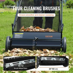 VEVOR Push Lawn Sweeper, 26 Inch Leaf & Grass Collector, Strong Rubber Wheels & Heavy Duty Thickened Steel Durable to Us