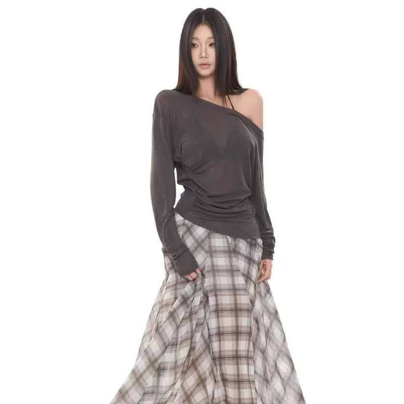 French Style T-Shirts for Women Off Shoulder Chic Casual Top Spring Summer 2025 New Fashion Female Long Sleeve T-Shirts